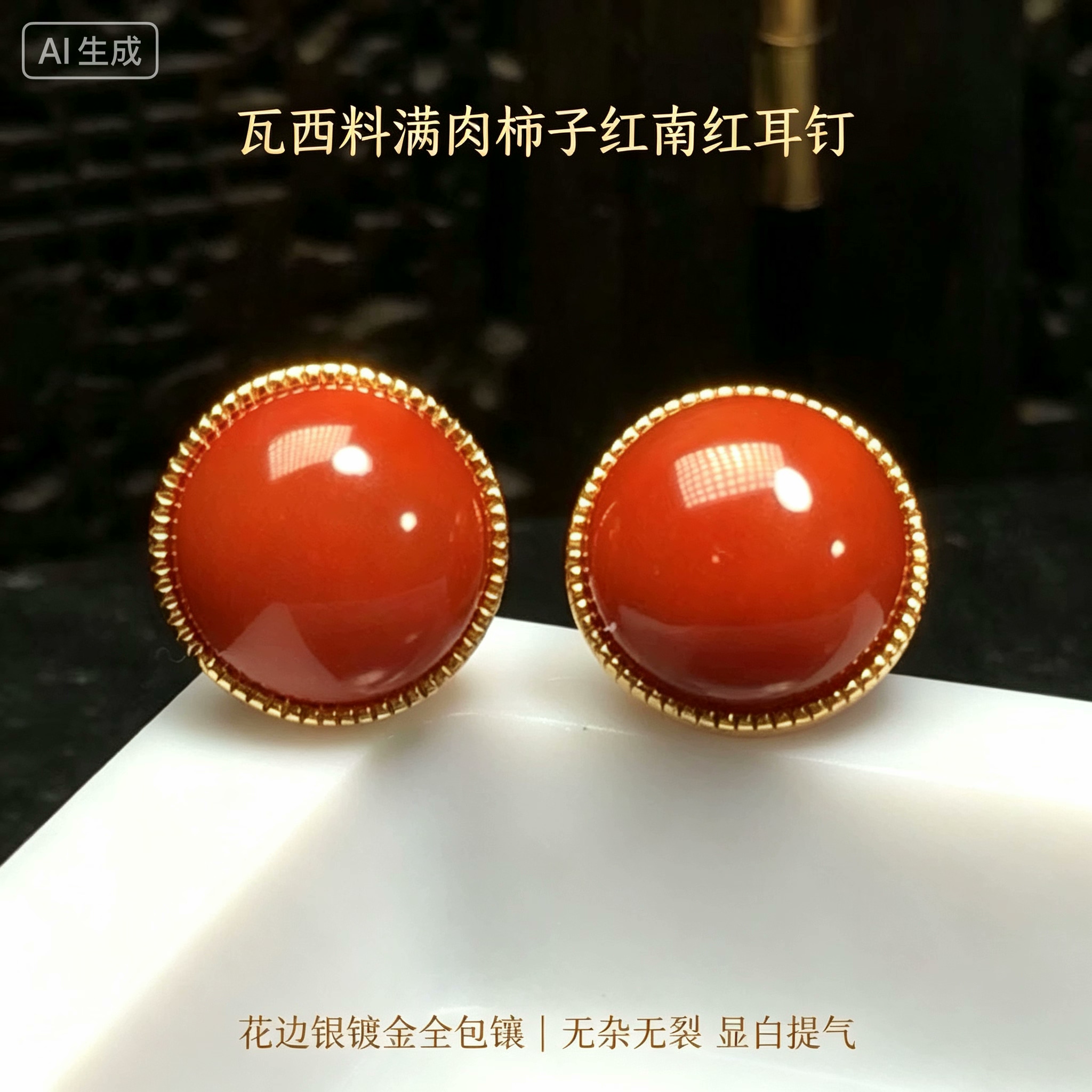 天然瓦西料南红玛瑙柿子红满肉耳钉耳饰925银镶嵌气质时尚百搭女