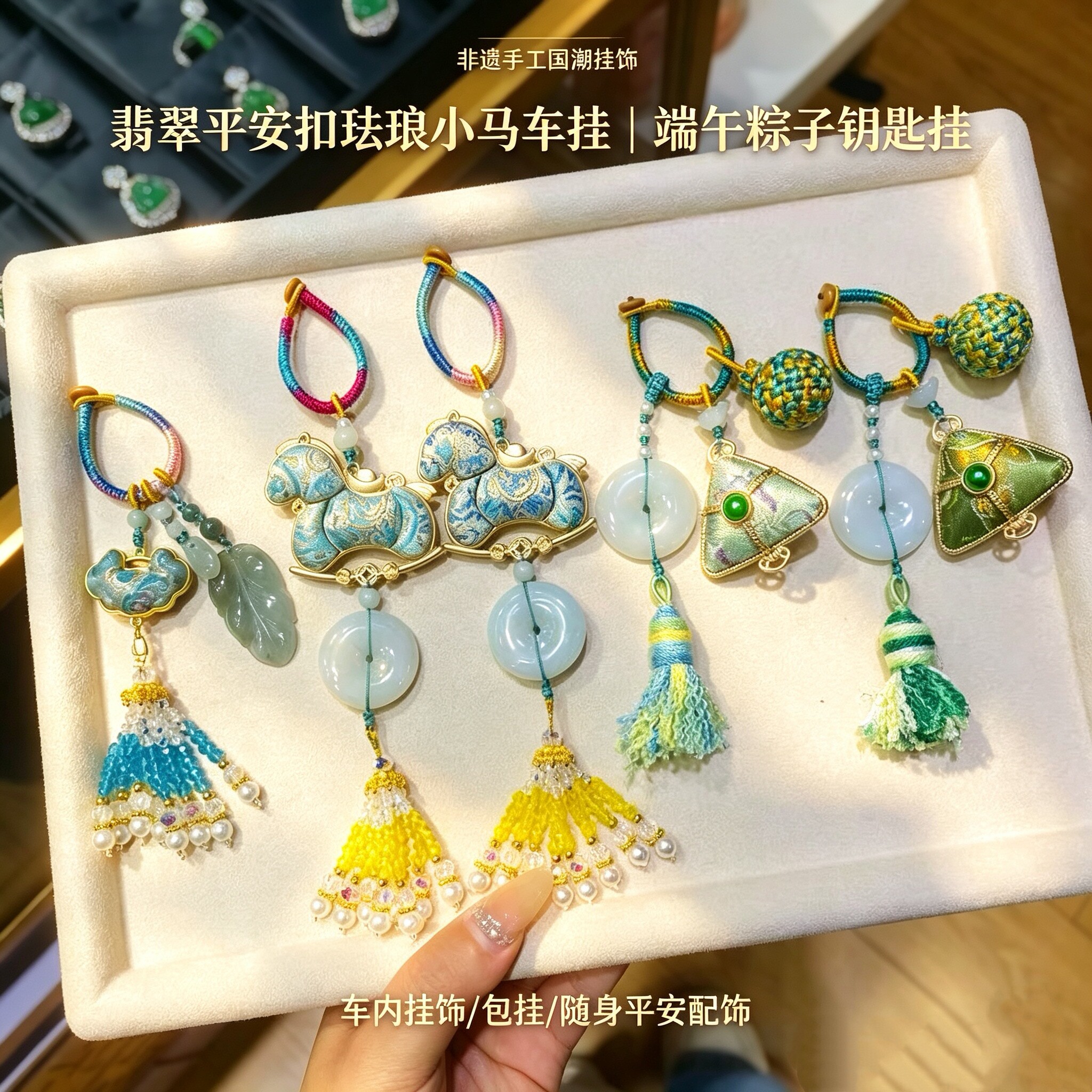 天然翡翠平安扣珐琅彩手工编织车挂包挂钥匙挂件国风新中式挂饰
