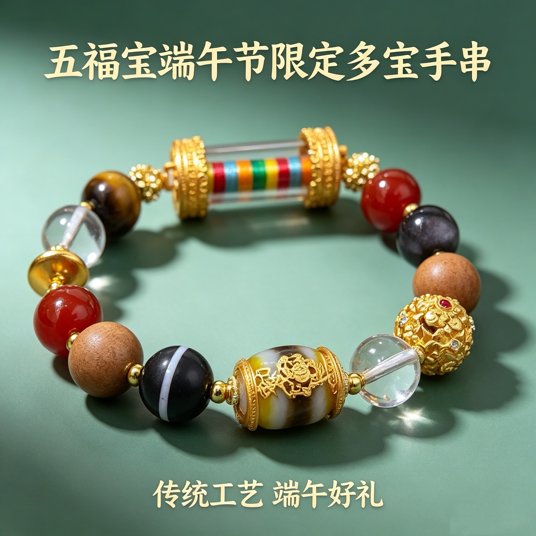 端午节限定五福临门多宝手串白水晶虎眼石天珠红玛瑙一线药师