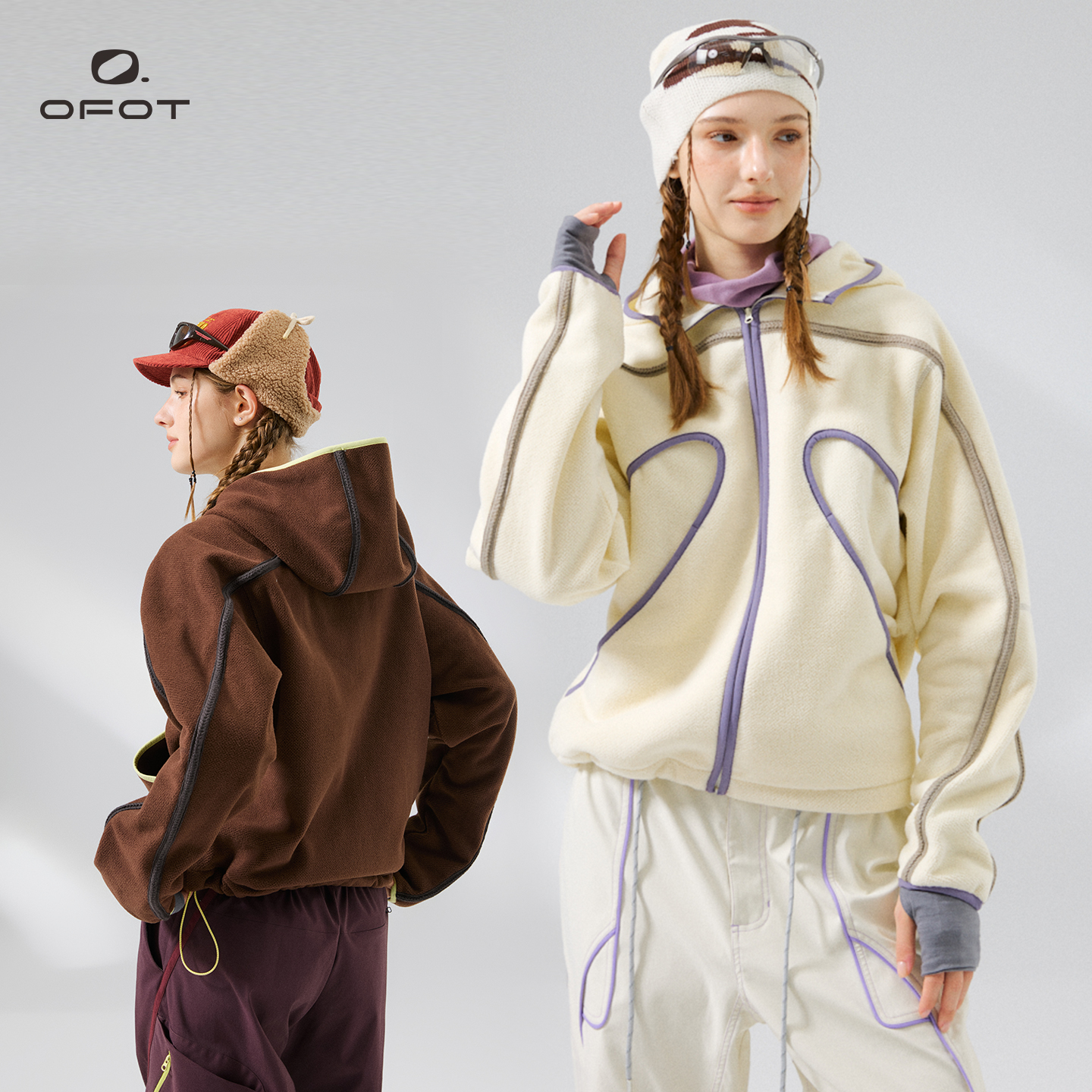 OFOT贴服云朵 美式潮牌撞色立体拉链连帽卫衣情侣运动开衫外套