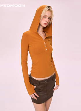 ARCHEDMOON橘色连帽正肩v长袖t恤女秋辣妹修身短款设计感小众上衣