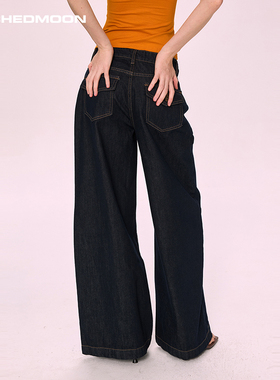 ARCHEDMOON深蓝色直筒阔腿低腰牛仔裤女新款水洗复古休闲长裤子秋