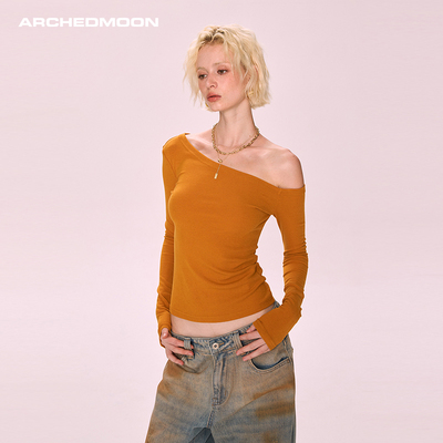 ARCHEDMOON橘色斜肩修身长袖t恤