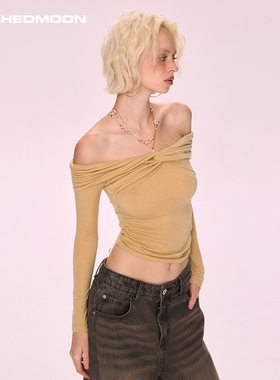 ARCHEDMOON 黄色一字肩长袖内搭针织打底衫t恤修身显瘦短上衣女秋