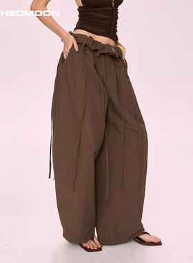 ARCHEDMOON咖色低腰宽松休闲裤子2025秋新款阔腿小众设计感长裤女