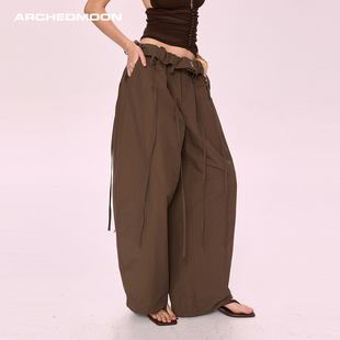 ARCHEDMOON咖色低腰宽松休闲裤子2025秋新款阔腿小众设计感长裤女