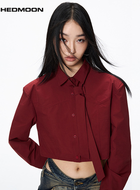 ARCHEDMOON 红白色衬衫女秋长袖气质休闲设计感小众美式短款上衣