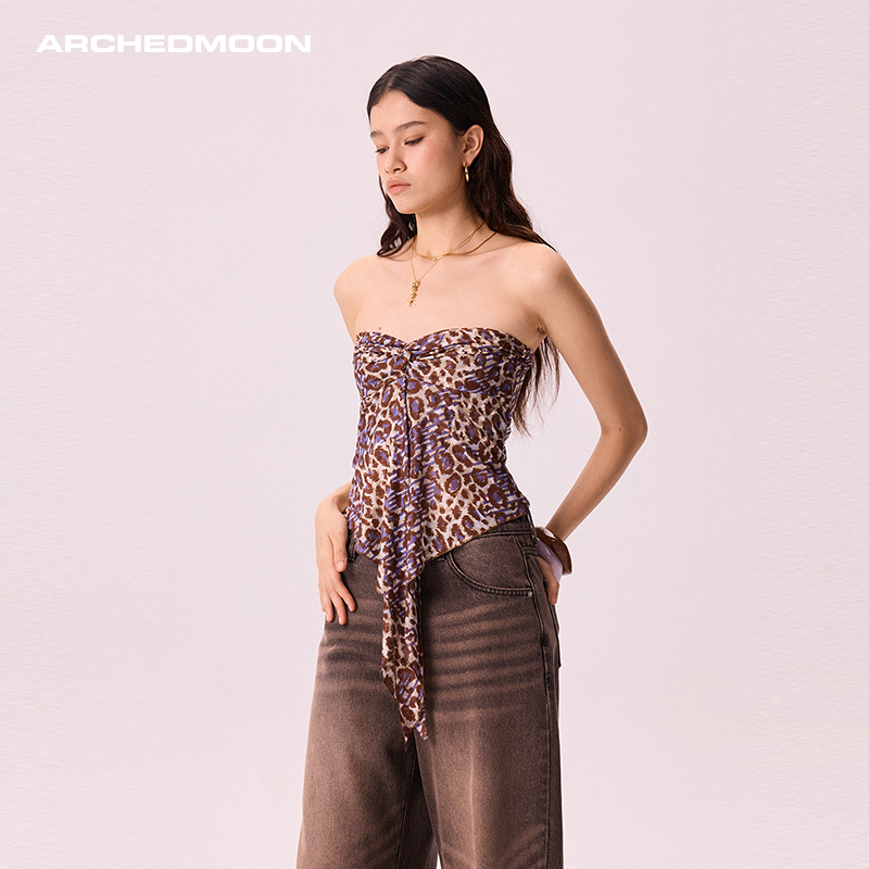 ARCHEDMOON豹纹露背开叉背心抹胸女夏设计感小众辣妹外穿无袖上衣