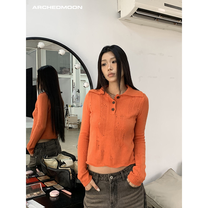 ARCHEDMOON 01/20橘色镂空套头毛衣针织衫女春设计感小众内搭上衣,女装/女士精品,毛衣,淘宝优惠券,粉丝福利购,淘宝优惠卷