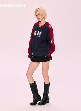 ARCHEDMOON 蓝色v领刺绣宽松卫衣内搭女长袖设计感小众上衣秋新款