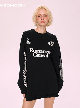 ARCHEDMOON 黑色印花宽松t恤上衣内搭秋季圆领长袖卫衣连衣裙子女