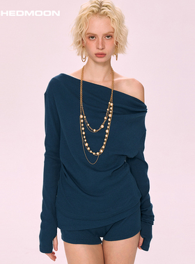 ARCHEDMOON蓝色斜露肩长袖针织衫内搭修身短裤子小众设计感套秋女