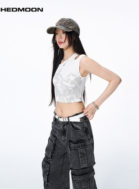 ARCHEDMOON 白色背心女夏季外穿吊带印花斜肩设计感无袖短款上衣