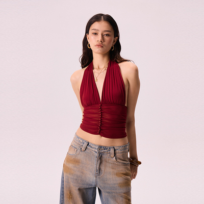 ARCHEDMOON红色设计感挂脖小吊带