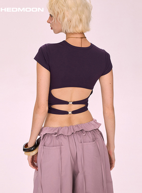 ARCHEDMOON 紫色正肩圆领短袖t恤女秋内搭针织打底衫辣妹修身上衣