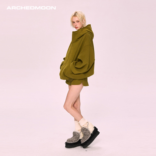 休闲两件套装 ARCHEDMOON绿色宽松连帽卫衣外套短裤 子女2025秋新款