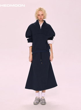 ARCHEDMOON 藏蓝色宽松套头卫衣长袖a字半身裙子休闲两件套装秋女