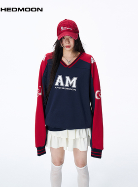 ARCHEDMOON2025早秋冬新款红蓝色套头卫衣女美式慵懒春季宽松外套