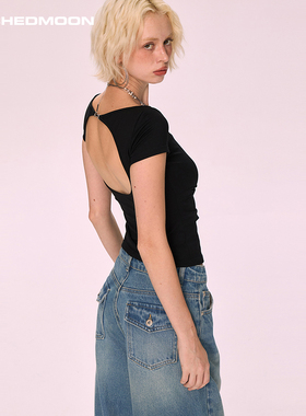 ARCHEDMOON 黑色露背短袖t恤设计感小众内搭打底衫辣妹上衣女夏秋