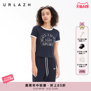 URLAZH有兰夏季新款高智学院风复古藏青色圆领短款修身短袖T恤女