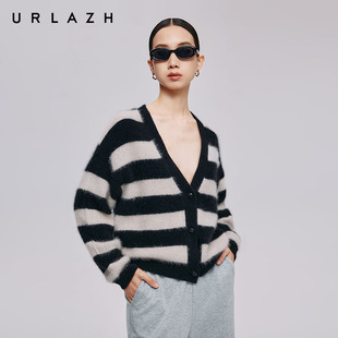 URLAZH有兰秋季新款宽松显瘦经典黑白条纹短款慵懒风针织毛衣开衫
