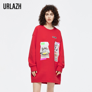 URLAZH有兰新款 卫衣裙潮 洋气正红色休闲宽松印花显白长袖