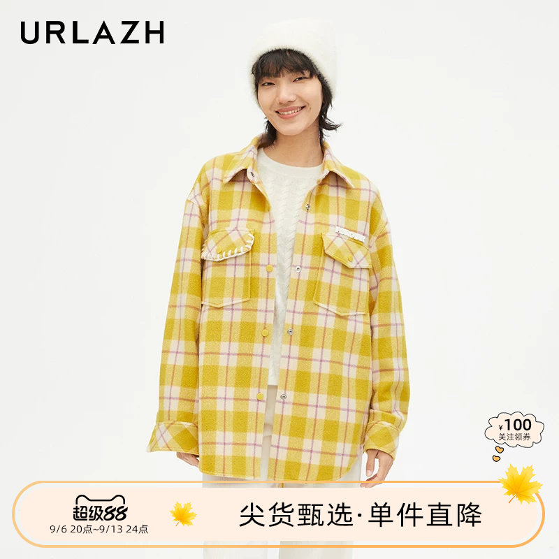 URLAZH有兰新款黄色羊毛复古格纹休闲大衣外套女LM3TC06