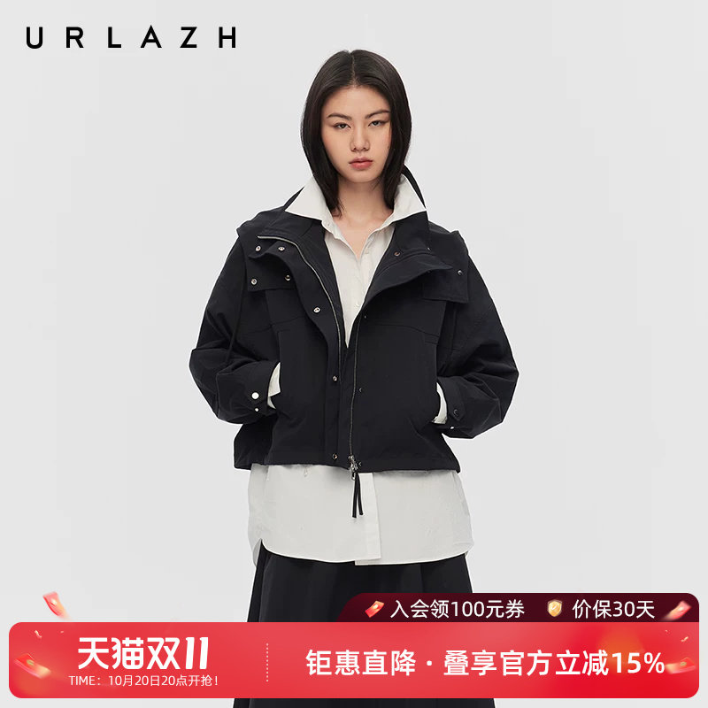 URLAZH有兰春季新款黑色休闲百搭简约宽松短款连帽风衣外套女