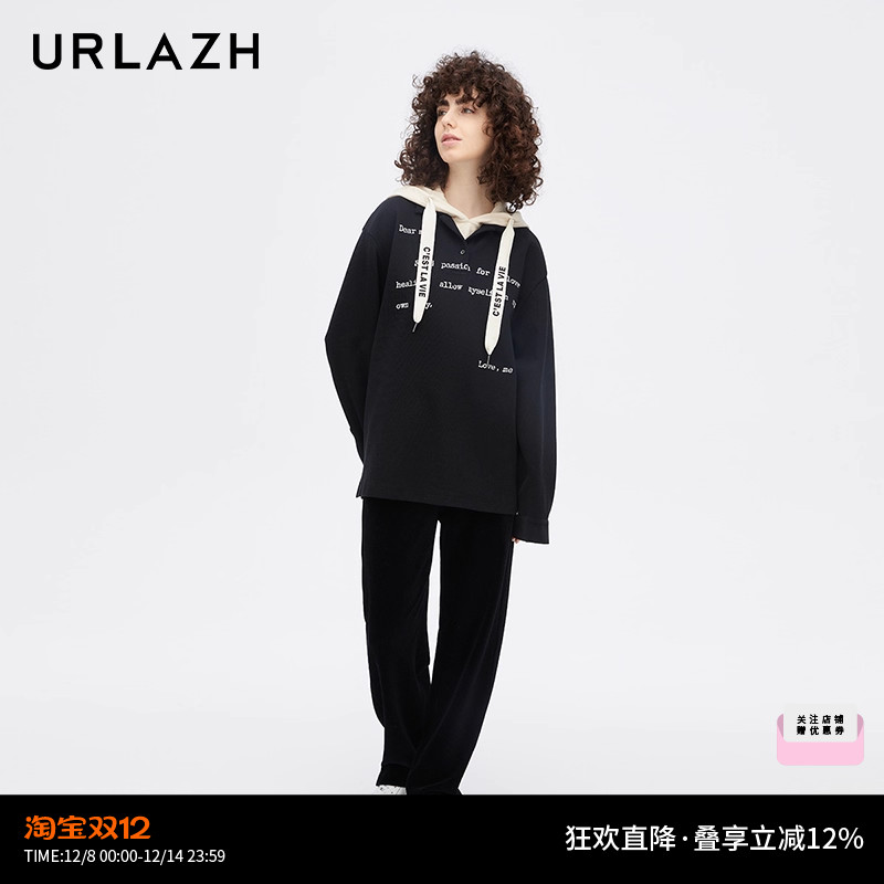 URLAZH有兰新款宽松直筒舒适黑色灯芯绒休闲裤女EM4PA08