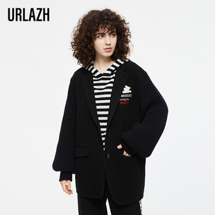 复古时尚 URLAZH有兰新款 黑色休闲宽松羊毛大衣呢子外套女