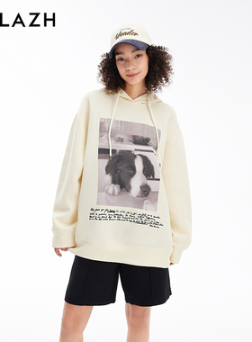 URLAZH有兰新款复古温柔印花休闲宽松连帽卫衣女LM3SW06