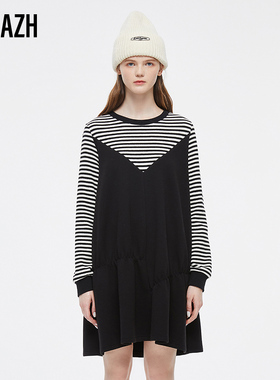 URLAZH有兰新款洋气时尚黑色气质条纹宽松休闲长袖秋冬连衣裙