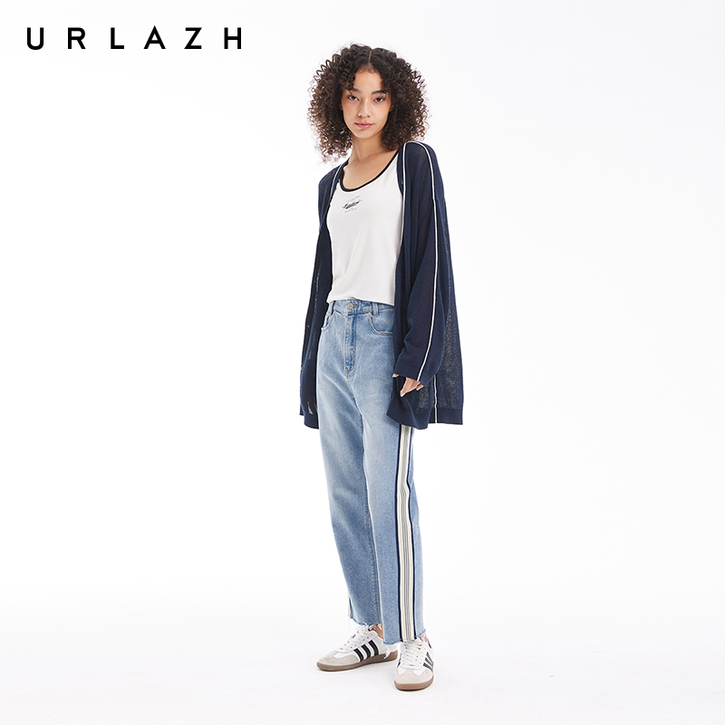 URLAZH有兰夏季新款复古风撞色条纹灰蓝色做旧宽松锥形牛仔裤子女