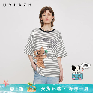 URLAZH有兰夏季新款趣味U等等猫咪绣花圆领宽松落肩薄款短袖T恤女