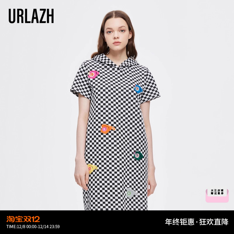 URLAZH/有兰黑色棋盘格连衣裙