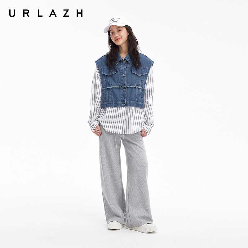 URLAZH有兰夏季新款复古简约灰色卫裤牛仔拼接宽松直筒休闲裤子女,女装/女士精品,卫裤,淘宝优惠券,粉丝福利购,淘宝优惠卷