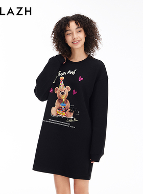 URLAZH有兰新款重工珠绣黑色宽松长袖休闲卫衣裙LM3DR03