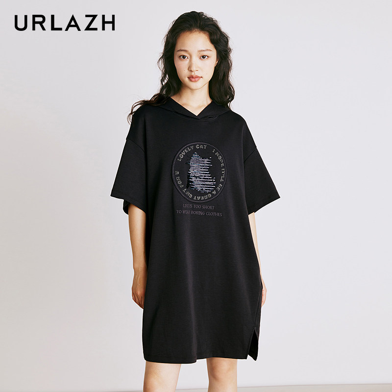 URLAZH有兰夏季新款时尚休闲宽松直筒运动连帽短袖连衣裙女