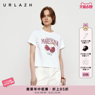 URLAZH有兰秋季新款美式复古樱桃印花圆领合体短款短袖T恤上衣女