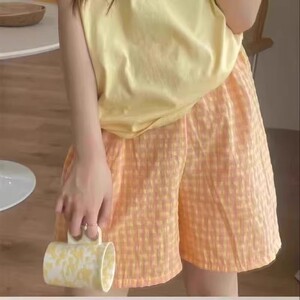 夏天遛弯短裤女睡裤ins风运动高腰显瘦阔腿宽格子休闲居家裤ma