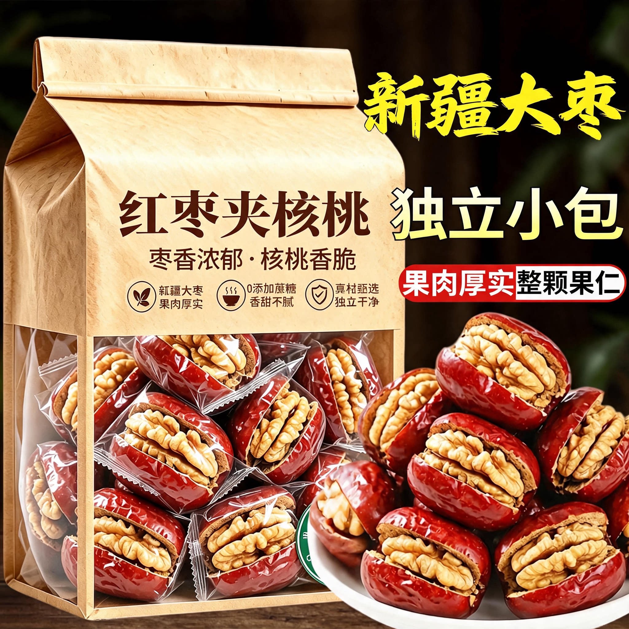 红枣夹核桃仁官方旗舰店独立小包装新疆特产灰枣红枣去核无核零食