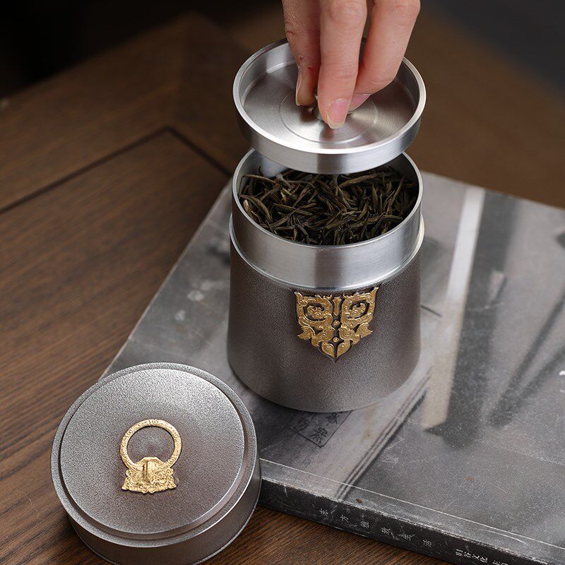 好茗天锡罐 高档纯锡茶叶罐汉风描金茶仓手工复古密封.存茶储茶罐
