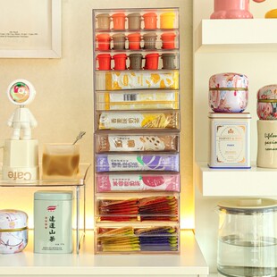 分类 桌面茶包收纳盒办公室茶水间咖啡整理置J物架防尘透明抽屉式