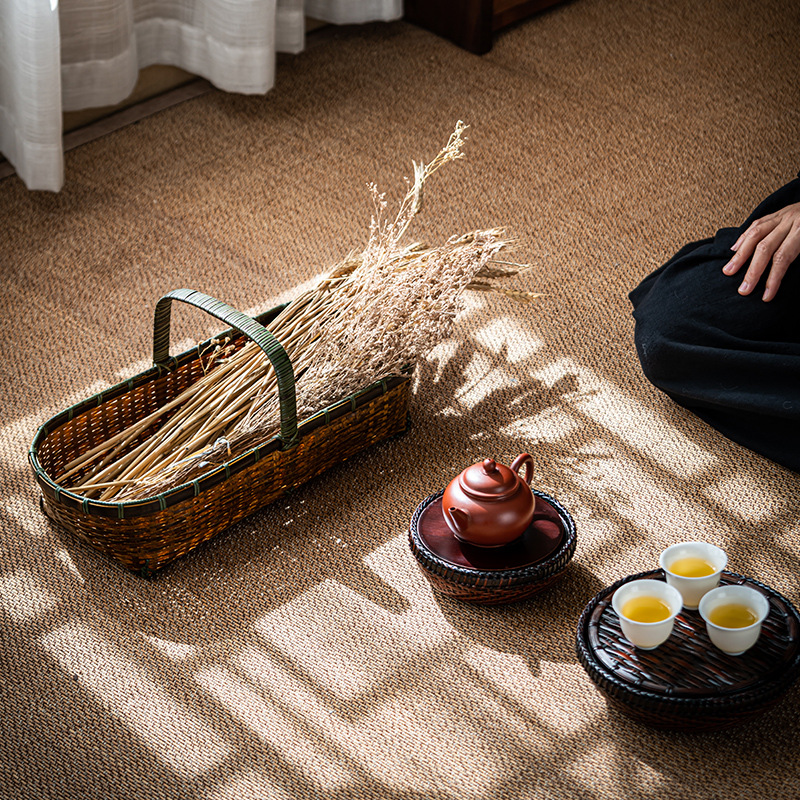 竹编复古手c提篮子精编迷你茶具收纳篮手工编织水果篮紫竹小收纳