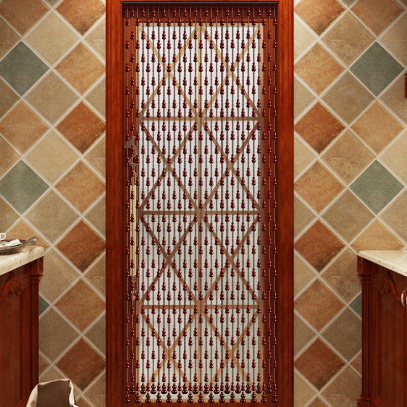 水晶桃木葫芦f珠帘免打孔撑杆五帝钱卧室门帘隔断免打孔玄关装饰