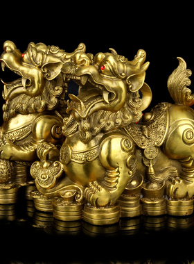 黄铜金钱貔貅摆件大号一对雌雄皮休Q工艺品聚宝盆摆设