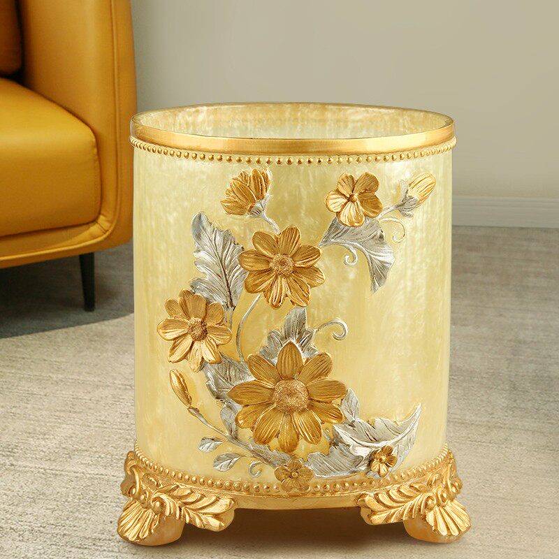 欧式创意客厅垃圾桶卧室家用大号收纳桶树O脂圆形有盖桌面垃圾桶