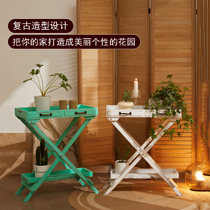 美式乡村复古h室内阳台实木花架置物架田园风落地式双层户外花盆