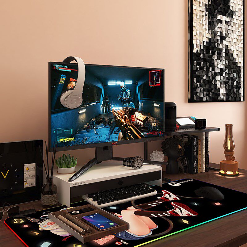 彩色金属台式f电脑显示器增高架屏幕底座支架桌面键盘收纳架带抽