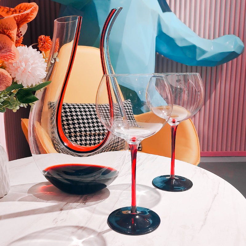 黑红领结红酒杯子水晶高脚杯勃艮第家用红杆欧R式轻奢高档2支套装